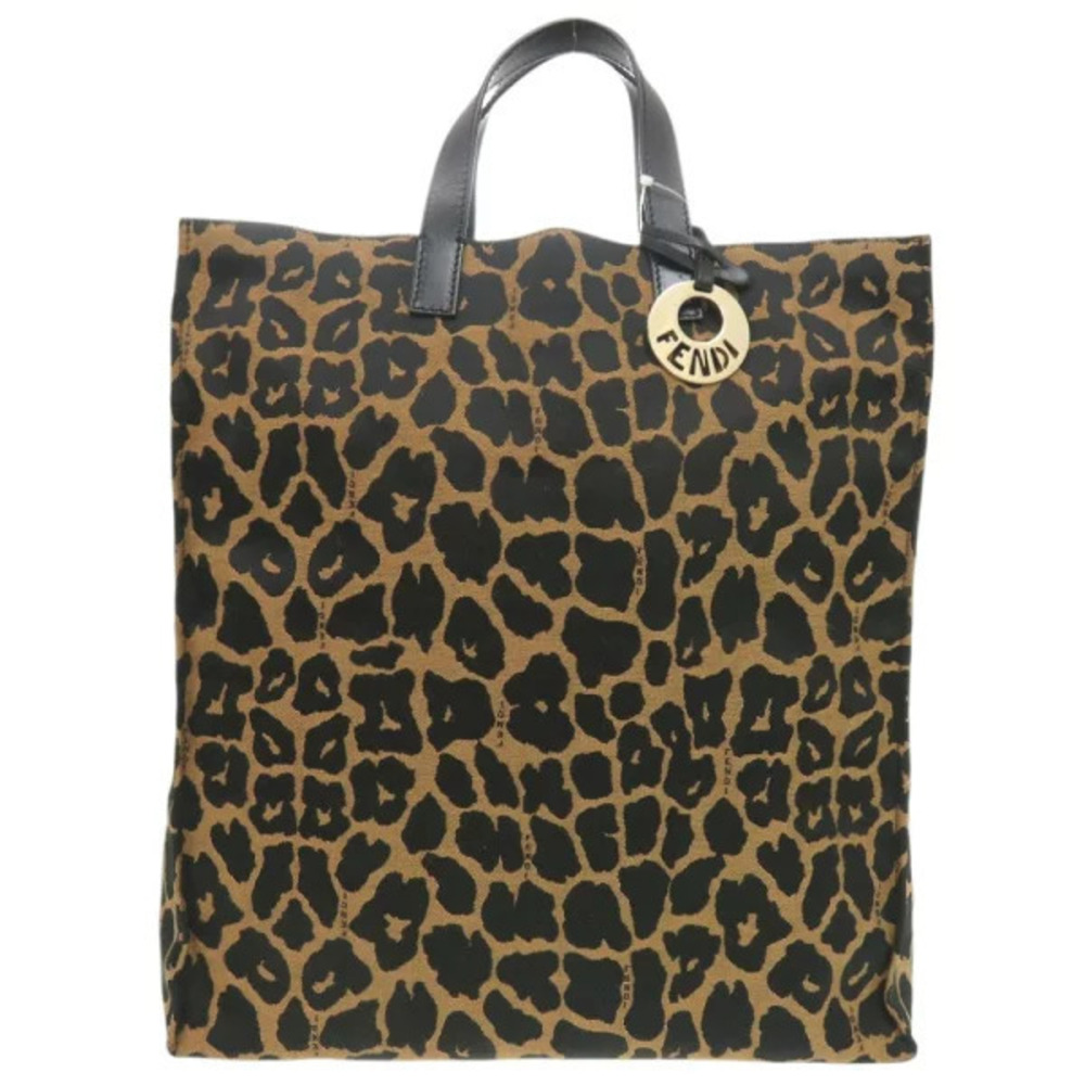 Fendi leopard canvas leather brown tote bag